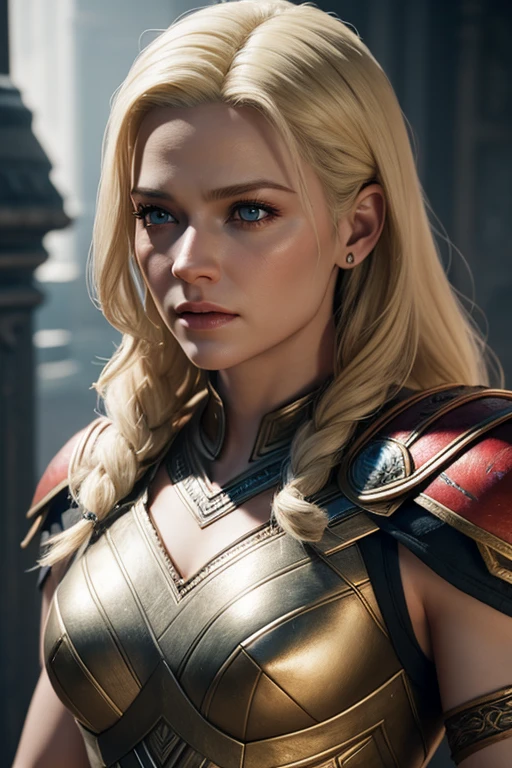 3d rendering lady sif wife Thor ,god of war 4 , blonde hair with yellow eyes and perfect face, Details, 8K, High quality, Intricate, Full HD, Cinematic lighting, Photorealism
