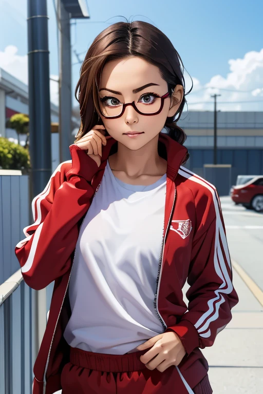 (masterpiece, highest quality), One Girl, Satou, Satou, Glasses, 赤いフレームのGlasses, Under-rim eyewear, Satou, Glasses, 赤いフレームのGlasses, Under-rim eyewear, Track jacket, Track pants,Head to Chest,