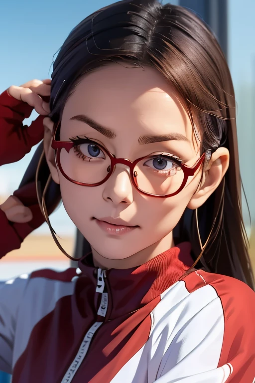 (masterpiece, highest quality), One Girl, Satou, Satou, Glasses, 赤いフレームのGlasses, Under-rim eyewear, Satou, Glasses, 赤いフレームのGlasses, Under-rim eyewear, Track jacket, Track pants,Head to Chest,
