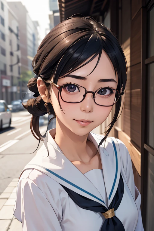 (masterpiece, highest quality), One Girl,  Satou, Satou, Glasses, 赤いフレームのGlasses, Sailor suit, Satou, Glasses, 赤いフレームのGlasses, Head to Chest,