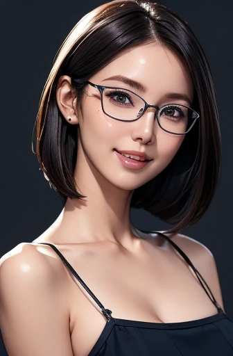 (masterpiece), (8k, best quality, high resolution), (ultra-detailed, realistic), (anatomically correct),
((face close-up)), (Standing), (No background),
(1woman), (looking at viewer),
(A Japanese woman, 30 years old and 155cm tall.),
(black hair), (straight hair), (short hair style), (bob cut), (hair behind ears),
(wear glasses), ((black cell frame glasses)),
((Wear a navy blue spaghetti strap dress)), (Mini length dress with simple design),
(Create a detailed image of the eye),
(Her impression is pure, clean and kind.),
((A captivating smile, just showing a few teeth.)),