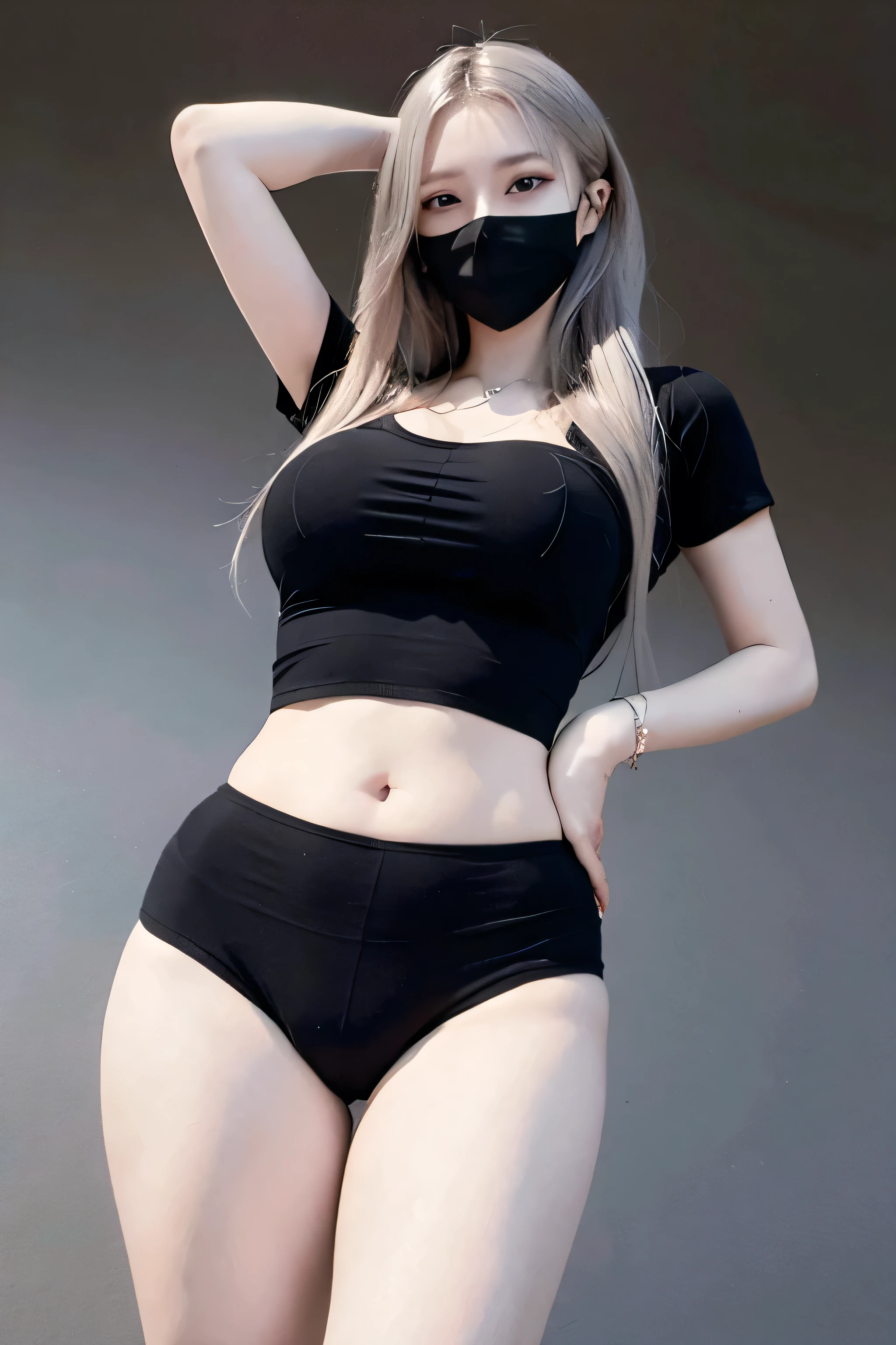 best quality, masterpiece, high resolution, 8K, (realistic: 1.4), super high resolution, 1 girl, super detailed, surreal, highly detailed CG illustration, official art, cinematic light, reality, young beautiful girl, perfect body, perfect body, full viewing angle, perfect body, (from below: 1.3), wearing mask, pose, sexy long legs, confident, beautiful sexy, gray short sleeves, open belly, black super shorts, S-shaped body, hips upturned, posing, posing, different perspectives, Atmospheric distance sense