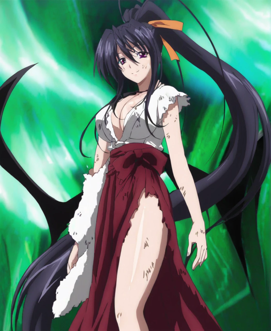 sysdeep_akeno, 1girl, solo, long_hair, looking_at_viewer, smile, big_breasts, shirt, black_hair, ribbon, hair_between_eyes, very_long_hair, sexy_dress, purple_eyes, hair_ribbon, slit_shirt, ponytail, short_sleeves, indoors, neck_ribbon, high_ponytail, v_arms, orange_ribbon, sexy_body,