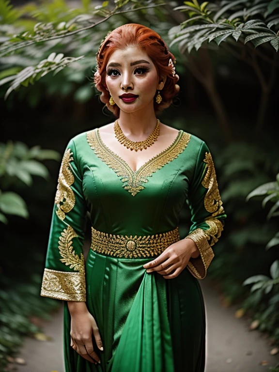 photography, woman, red hair, large breasts, cleavage,  portrait of java wedding woman in green long kebaya dress traditional, red lipstick, golden necklace, earrings, ornate, detail, flowers, full body, 