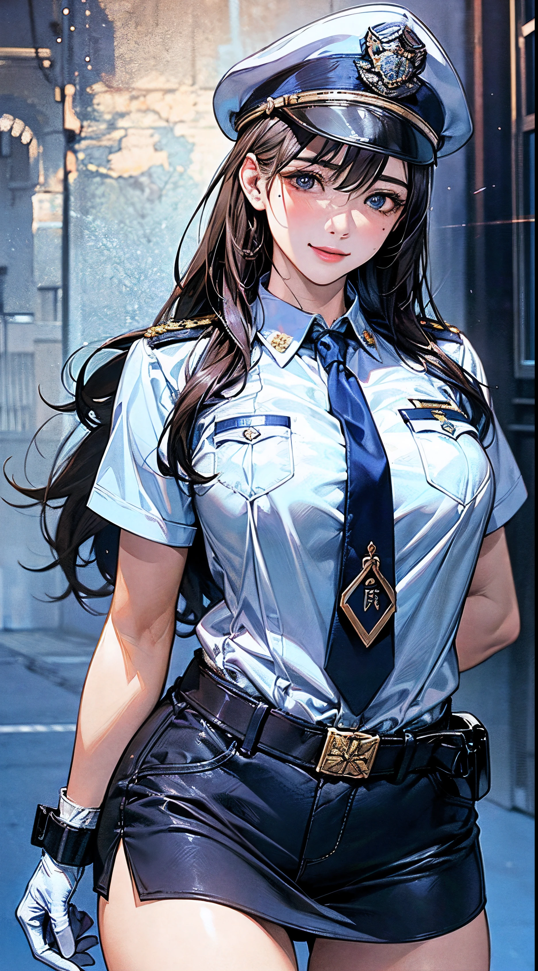 (((perfect anatomy, super detailed skin))), 1 girl, japanese, police girl, shiny skin, large breasts:0.5, looking away, looking up, watching the view,
beautiful hair, beautiful face, beautiful detailed eyes, (long hair:1.5, straight hair:1.7), blown hair, bangs, hair between eye,
beautiful clavicle, beautiful body, beautiful chest, beautiful thighs, beautiful legs, babyface, mole under eye,
((policewoman uniform, light blue short sleeved shirt, navy necktie, high waisted miniskirt), belt, white gloves, police hat, handcuffs), seductive thighs, ,
smile, standing, walking, runing,
(beautiful scenery), summer, , school,
8k, top-quality, masterpiece:1.2, extremely detailed), (realistic, photorealistic:1.2), beautiful illustration, cinematic lighting,