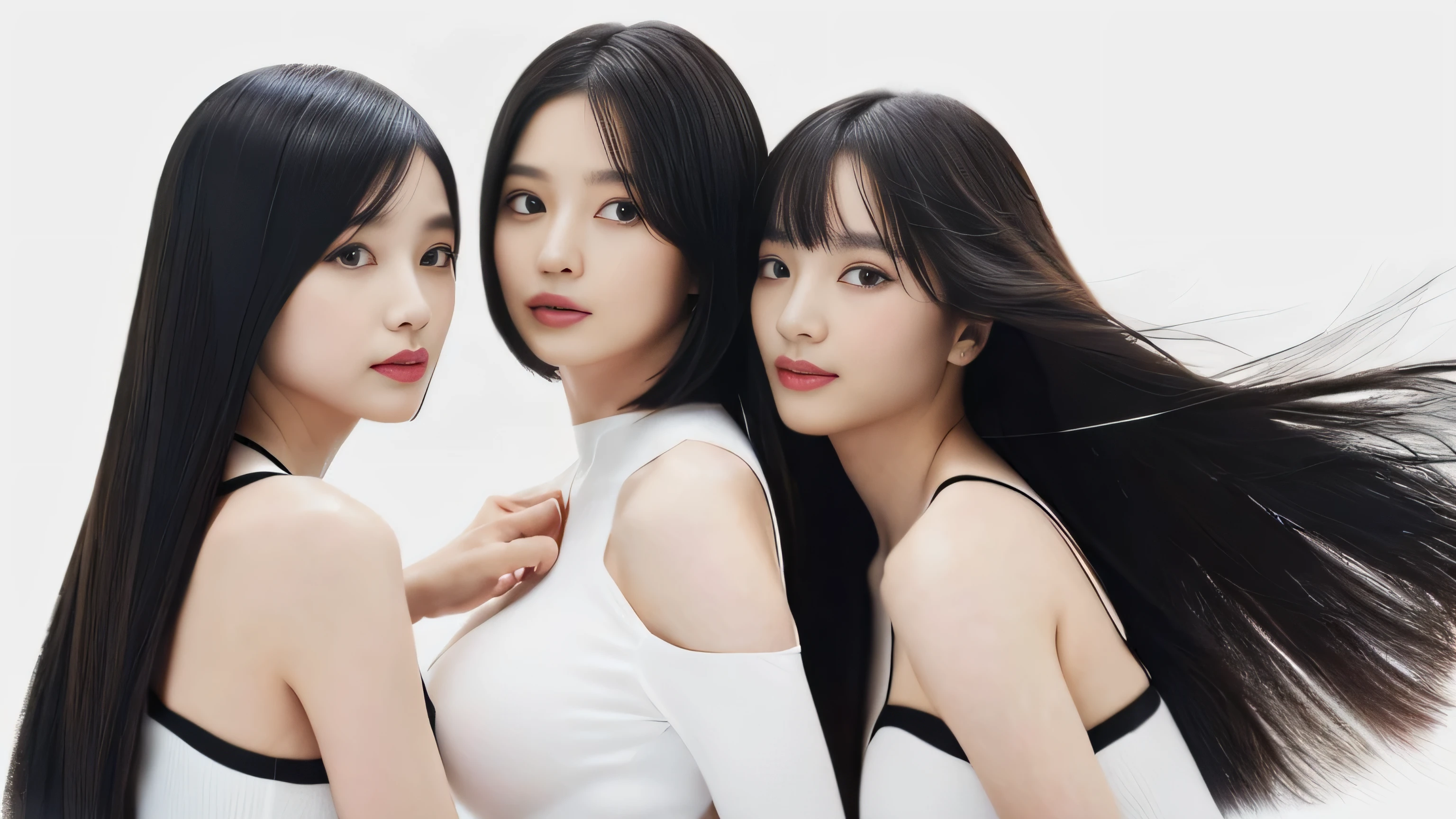 (Same space:1.Three identical twin triplets photographed from the neck up in 2:1.2) 　((Three clone triplets:1.Two are close to each other、Showing a sensual look to the viewer:1.4))　(They are are the same clone)　((They are try to show off their hair as much as possible.,))　((Beautiful 18-year-old model with long black hair, girl with super length Hair, extremely length Hair, extra length Hair, very long, Flowing Hair, very length Hair, length Hair girl, very long, Flowing black hair, length Hair windy, Very long black hair, length, Flowing Hair,Incredibly long-lasting hair, length Hair!!!!　Her highest quality hair is long and straight., very long, highest quality black hair, length hair in the center, Highest quality long straight hair, length, straight, beautiful, High quality hair, length and free black highest quality straight hair, length Hair, length and straight, highest quality black hair, Perfect silky straight hair of the highest quality, straight, highest quality black hair, length black straight hair, length, Thin black hair　Her hair is long and straight, very long black hair, length hair in the center, length straight hair, length, straight, beautiful hair of the highest quality, length Hair, length, straight black hair, length and free straight black hair, straight black hair))　(Her bangs are perfect.:1.3)　(Pure white wall background:1.8)　(Japan&#39;s most sexy and beautiful 18-year-old beauty model)　((highest quality)), ((masterpiece)), (Familiar)　(Get used to it)　Perfect Face　　(Her skin is a typical Japanese skin color.......、And very detailed)　(Big Breasts:1.3)　(She has a beautiful face and a typical Japanese figure...., Narrow eyes)　(She has perfect beautiful makeup and face　Lipstick is light red　A solid eyeliner)　((Rich 1.4))　(Extremely detailed 8K)　(Ultra-fine skin texture 1.4)　(Actual, Vibrant:1.4), double eyelid　Sharp focus:1.2、Beautiful woman:1.4　Dynamic Lighting　(Genuine RAW photos taken by professional photographers)　　Professional Hair Shine.　　(((Unusually long black hair that lasts forever 1.3)))　(length, Shiny black hair, その女性はlengthBlack hairをしている, lengthBlack hair, Waist-length hair, very lengthBlack hair, thick shining black hair, black silky hair, length and shiny hair, lengthBlack hair, length, Flat Hair　Ridiculously long hair, Black shiny hair, Very shiny, Abnormally long hair, 厚く輝く異常にlengthBlack hair,Jet black silky hair　Her hair is とてもlength and straight　length, Voluminous black hair that reaches down to her ankles　unusually long black hair, unusually long black hair, Very long black hair)　(Her face is slim and dignified.., length, Narrow eyes..々Nice face)　(They are are are&#39;They are are&#39;They are&#39;They&#39;re both wearing the same white lingerie:1.5)