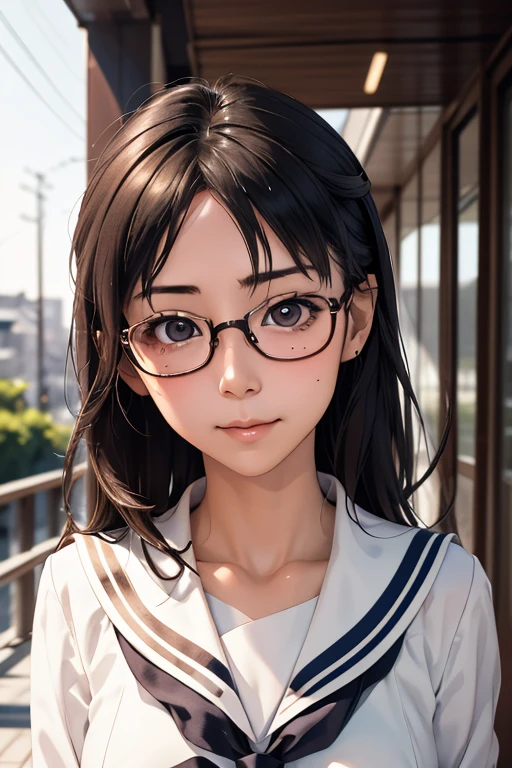 (masterpiece, highest quality), One Girl,  Satou, Satou, Glasses, 赤いフレームのGlasses, Sailor suit, Satou, Glasses, 赤いフレームのGlasses, Head to Chest,