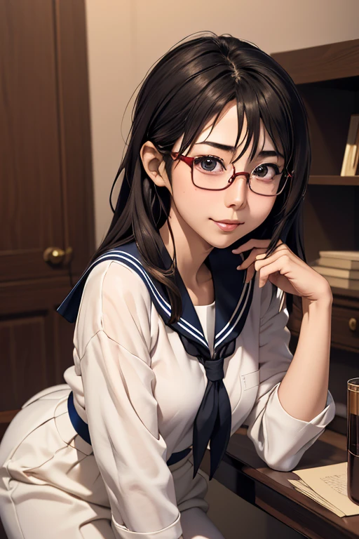 (masterpiece, highest quality), One Girl,  Satou, Satou, Glasses, 赤いフレームのGlasses, Sailor suit, Satou, Glasses, 赤いフレームのGlasses, Head to Chest,