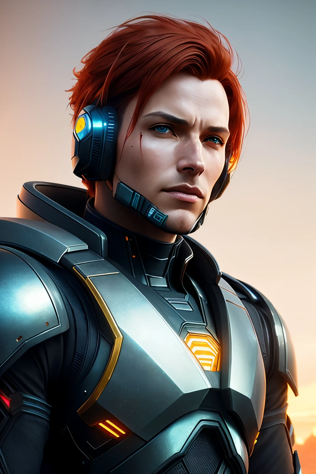 A captivating close-up of a redhead male in a futuristic cyberpunk suit, with intricate sci-fi details adorning his armored attire (cyberpunk: 1.5, hard surface character: 1.2), showcasing the brilliant interplay of advanced technology and organic elements. CGSociety and Astro Lohne enthusiasts will be enthralled by the epic sci-fi character art, expertly rendered in stunning detail with a Jessica Rossier color scheme. Experience a film still from the cinematic masterpiece, Dune-2021, displaying this sci-fi male's jaw-dropping design; an