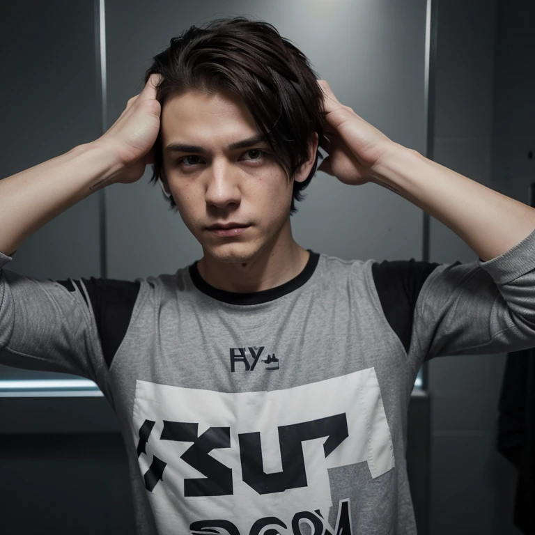 He is an emo boy, white complexion, slim, grayish blue eyes, dark brown hair, short emo hairstyle and he is 1.91 cm tall, very handsome, Polish and looks like the character called Dominik santorski From the movie suicide room Do it him in a pose sad and make his face crying 