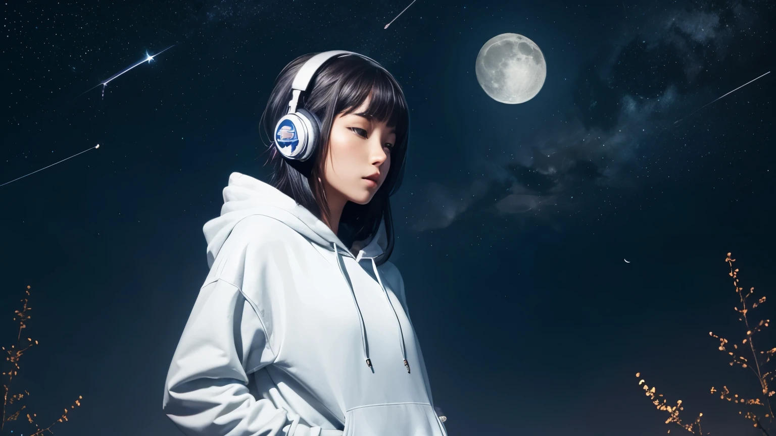 (Comfortable space, Vision of Nature, performer, moon,constellation,color)
(girl looking to the sky pointing the moon,Headphones,hoodie.)