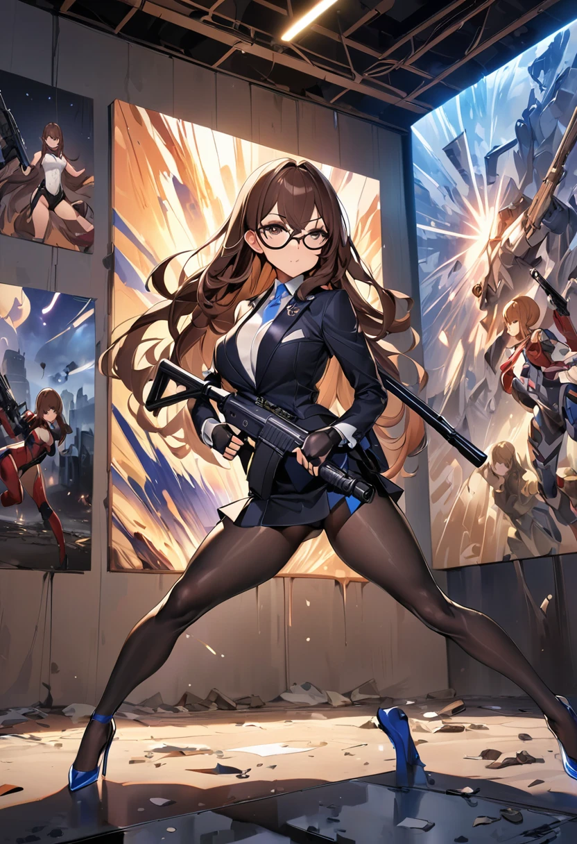 masterpiece、highest quality、Ultra-high resolution、Maximum resolution、Very detailed、Professional Lighting、anime、woman、thin、so beautiful、Sexy Suit、Mini tight skirt、High heels，Has an assault rifle、Grey Eyes、Brown Hair、long hair、Fingerless Gloves、Equipped with shooting glasses、Alone on the battlefield、Bold Pose、Offensive paintings