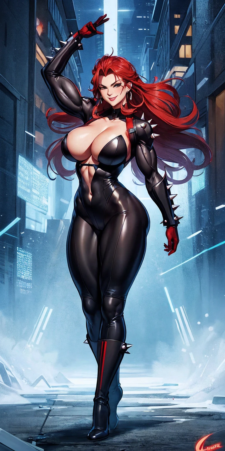 full body standing good face, nice ass, red spiky hair, beautiful woman, wide hips, cleavage, jumpsuit, leotard, heavy boots, apocalypse, muscular, thighs, mature woman, abs, looks at the viewer, lustful smirking smile face red blush