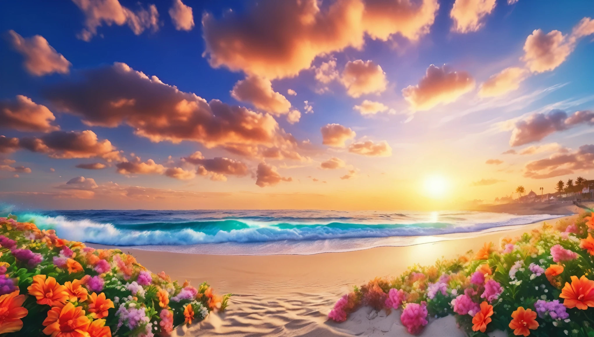 The background of the picture is peaceful by the sunset sea, and the sun was shining brightly, The waves crash against the beach, colorfyl Flowers bloom on the beach, Melodious sound, Strange clouds stand out, first-person view, panorama, UHD,(Best Quality),(Masterpiece Photos), (Details:1.4),(8k Highly Detailed)(Best Quality),(Best Shading)