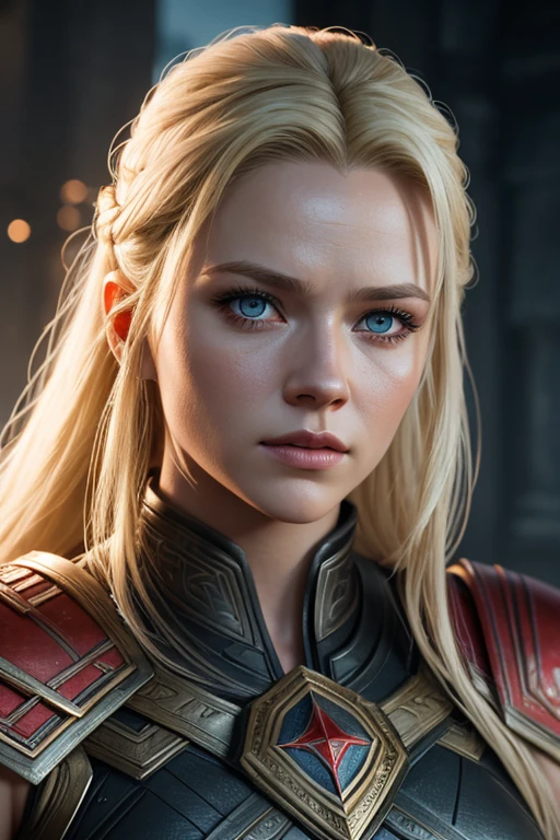 lady sif wife Thor ,god of war 4 , blonde hair with yellow eyes and perfect face, Details, 8K, High quality, Intricate, Full HD, Cinematic lighting, Photorealism