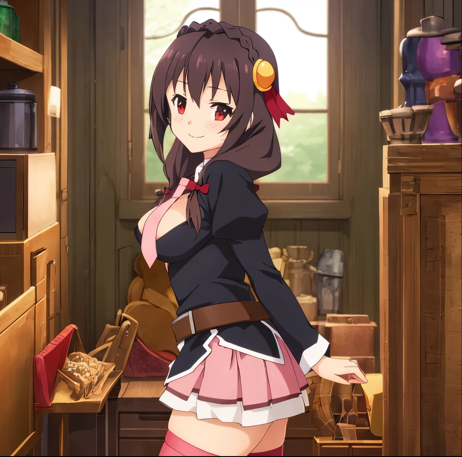 1girl, alone, yunyun, McDate_with_2D_Waifu, smile, looking at viewer, ((masterpiece,best quality)), yunyun1, 1girl, red eyes, thighhighs, necktie, skirt, braid, long hair, pink necktie, large breasts, belt, hair ornament, black hair, hair bow, crown braid, long sleeves, brown hair, twintails, , perfect hands, perfect anatomy