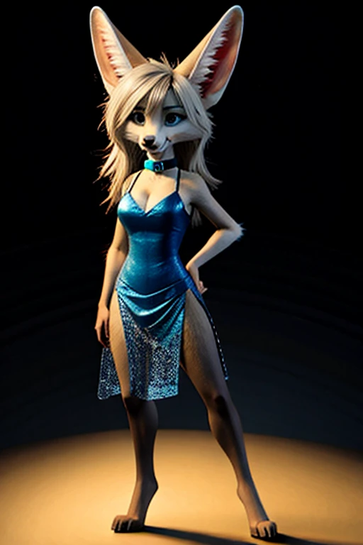 (white fur:1.2), short slim skinny adult female digitigrade fennec, medium breasts,  BREAK whiskers, black lips, black nose, BREAK bright and big vivid bright teal eyes, bedroom eyes, BREAK teal eyeshadow, BREAK long wavy platinum blonde hair, waist length hair, messy hair, BREAK [:(pink hair):15], BREAK teal collar, BREAK skimpy sheer light blue dress with spaghetti straps, (cleavage:1.2), tight clothing, BREAK black toeless thigh highs, lace thigh highs, BREAK standing on stage in the spotlight, raised tail, BREAK (by trigaroo:1.2), (by toots, by syn-6), by discreet user, [by dryadex, by syuro::12], [by v-tal:by himeragoldtail:18], (by toots, by syn-6), (whisperfoot:0.6), (by kenket:0.8), translucency