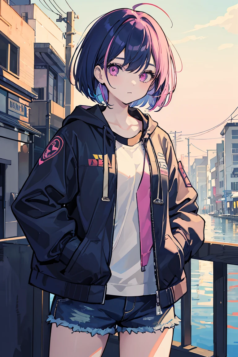 1 girl, Big Tits 1.3, Colorful clothes, Navy Hair, Short Bob, Shorts,Jacket,Open chest, Exposed Skin, Unfriendly, Put your hands in your pockets, Pink Eyes, ((Heart Eyes)), Pale background,16 years old, Colorful Hair, Messy Hair, tonalism, Romanticism, modern art, Impressionism, reflected light, 8k, masterpiece, Advanced Details, highest quality, Accurate
