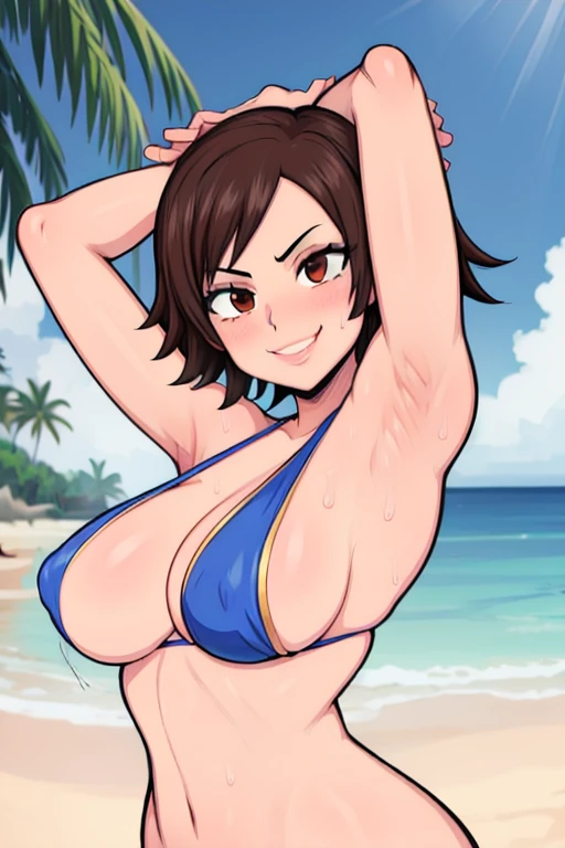 masterpiece, best quality, asuka kazama, looking at viewer, very large breasts, upper body, seductive smile,put your hands behind your head, armpits, armpits visible, sweaty armpits, naked, nipples erect, backround on beach