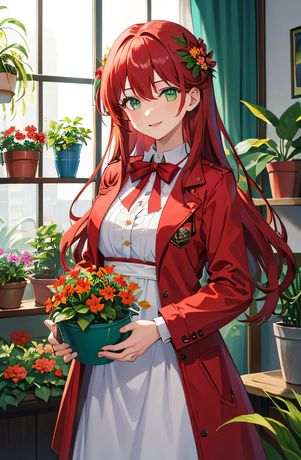 1girl, bangs, red_hair, bouquet, breasts, flower, flower_pot, green_eyes, hair_between_eyes, holding, holding_flower, indoors, jacket, long_hair, looking_at_viewer, plant, potted_plant, purple_flower, red_jacket, ribbon, smile, solo, vase, watering_can