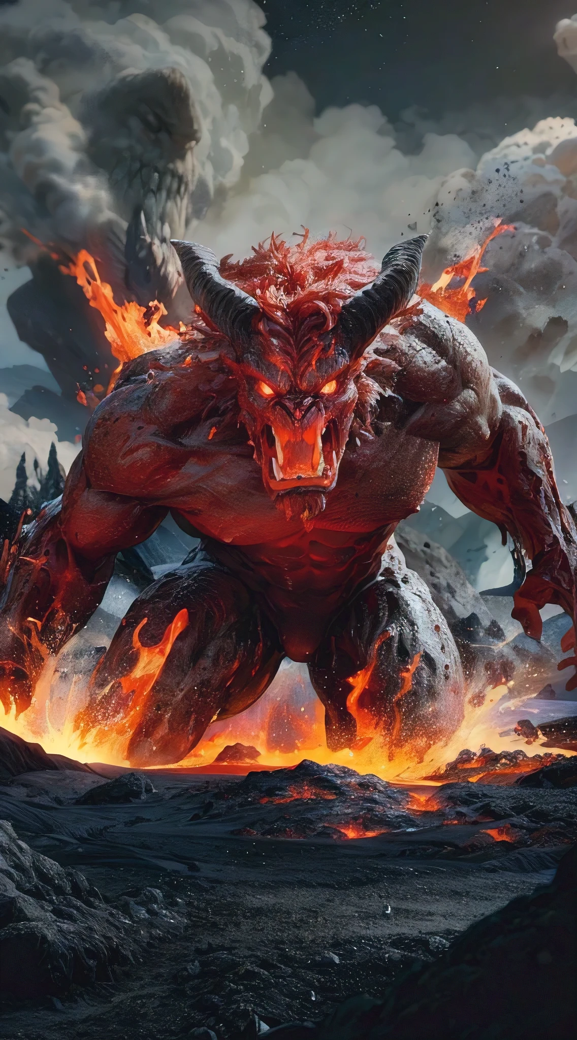 A visually stunning, high-quality 3D render of a mythical lava demon emerging from the depths of the earth. The demon, with a powerful and menacing presence, has fiery red skin and a fearsome visage, with glowing eyes and sharp horns. It stands amidst a volcanic landscape, with bursts of lava and smoke surrounding it. The overall atmosphere is intense, with a cinematic feel, as if this creature has just been unleashed to wreak untold horror. The style of the art is a blend of realistic and anime, with attention to detail and dramatic lighting., anime, 3d render, cinematic, illustration