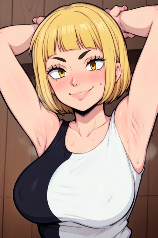 masterpiece, best quality, saeko tanaka, looking at viewer, yellow hair, yellow eyes color, very large breasts, upper body, portrait, seductive smile,both hands raised, armpits, armpits visible, sweaty armpits, wearing white tanktop,