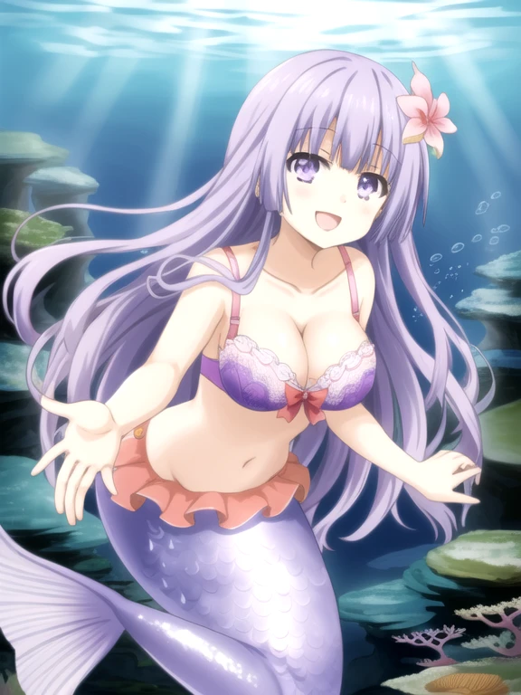 Miku Izayoi | Date A Live, mermaid, long hair, light purple hair, purple eyes, cleavage, bra, underwater, sea, looking at viewer, happy,