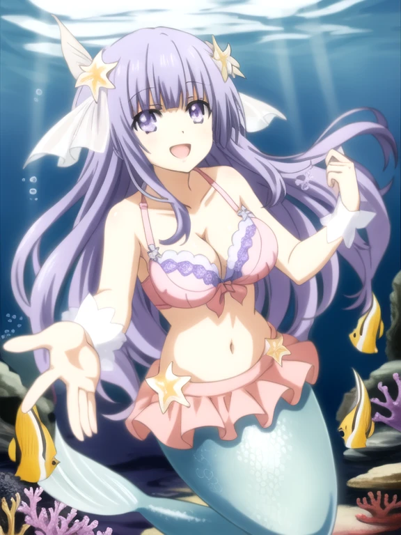 Miku Izayoi | Date A Live, mermaid, long hair, light purple hair, purple eyes, cleavage, bra, underwater, sea, looking at viewer, happy,