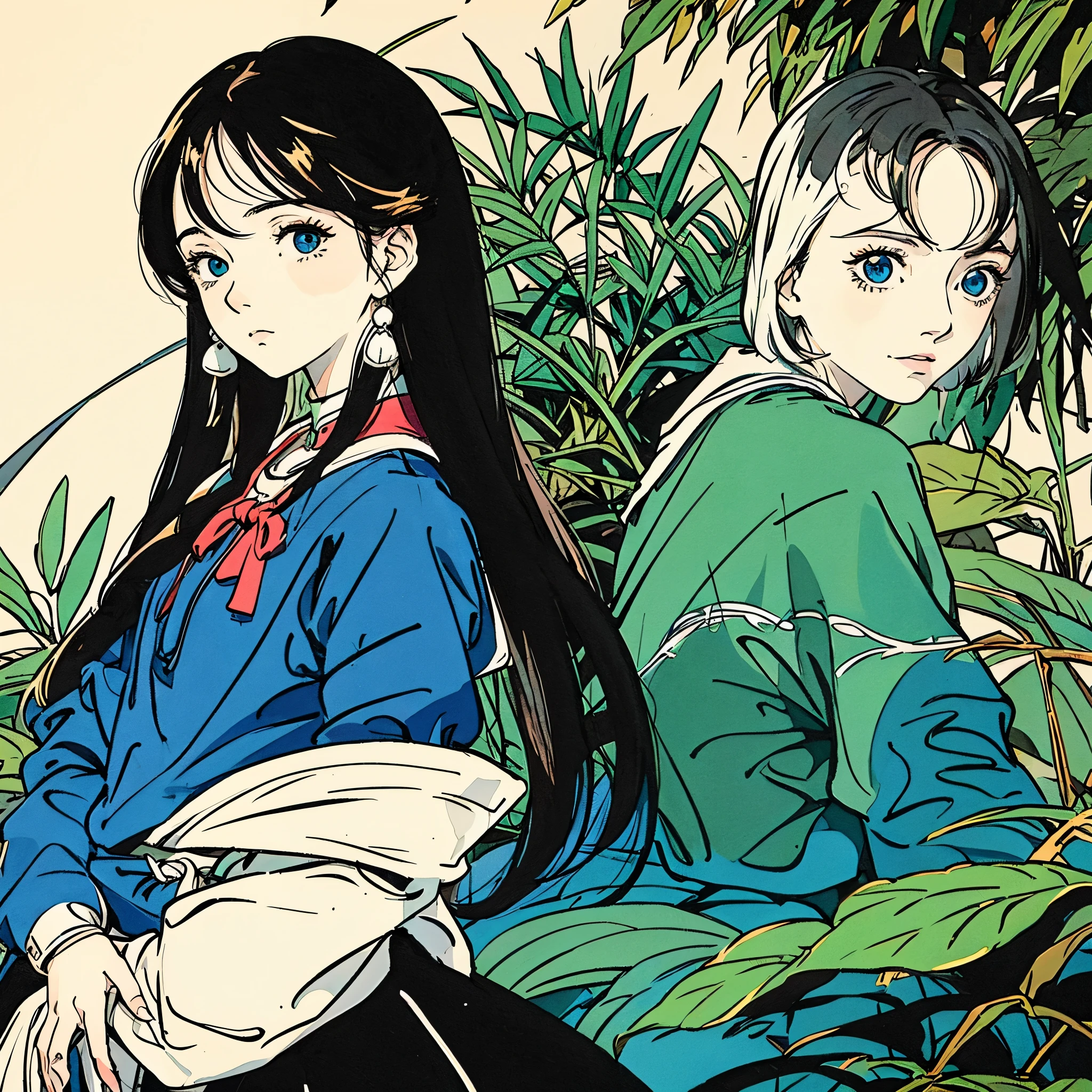 uma garoto de anime, com um semblante triste e com raiva ao mesmo tempo (um misto entre raiva e tristeza), no estilo de paisagens de jardim tranquilas, black and white animation photos, Masami Teraoka, aquamarine, paul gauguin, Estilo Embry, Retrato honesto