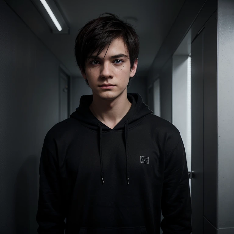 He is an emo boy very sad and crying, white complexion, slim, grayish blue eyes, dark brown hair, short emo hairstyle and he is 1.91 cm tall, very handsome, Polish and looks like the character called Dominik santorski From the movie suicide room Do it by taking a selfie, wearing black Hoodie