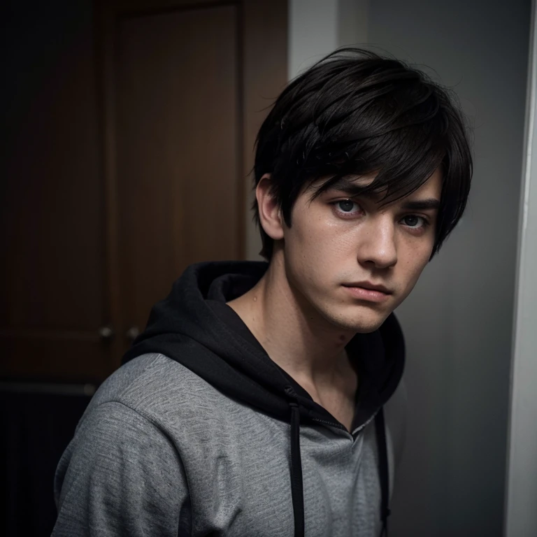 He is an emo boy very sad and crying, white complexion, slim, grayish blue eyes, dark brown hair, short emo hairstyle and he is 1.91 cm tall, very handsome, Polish and looks like the character called Dominik santorski From the movie suicide room Do it by taking a selfie, wearing black Hoodie