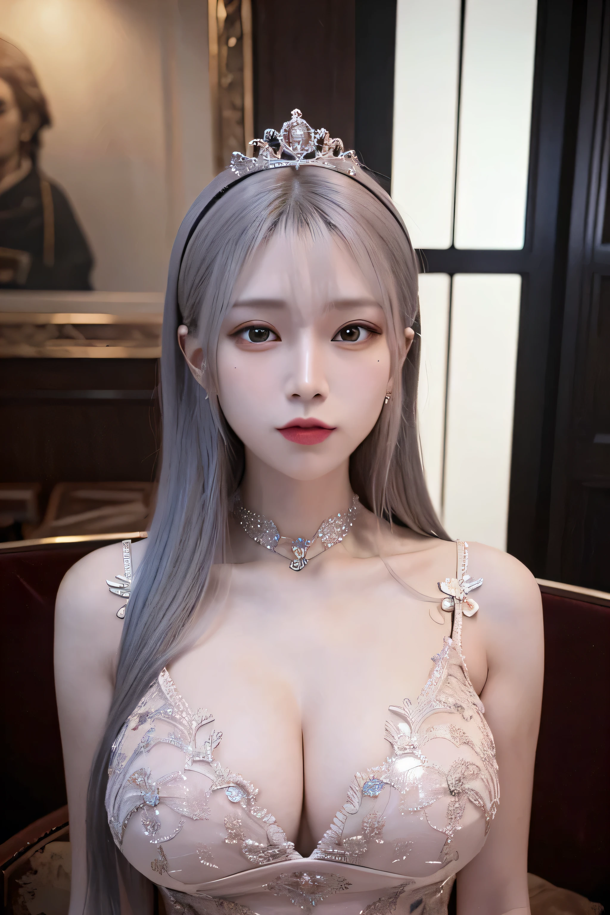 Game Art，CG Animation，Best image quality，Maximum resolution，8k，(A half-length photo)，(portrait)，(Head close-up)，(Rule of Thirds)，Unreal Engine 5 rendering works，20 year old girl，((Queen))，The eyes are very detailed，(Large Breasts)，Elegant and noble，Movie Lighting，Ray Tracing，Game CG，((3D Unreal Engine))，OC rendering reflection mode，4K，Ultra-clear，Translucent lace，Fair and plump figure，Pretty Face，Glossy Gel Coat，The Queen in a luxurious dress，Put your hands behind you，Tattoo designs on chest，The tattoo is very delicate，The tattoo on the chest is in Chinese(Chinese wrote：hell)，Hands on hips