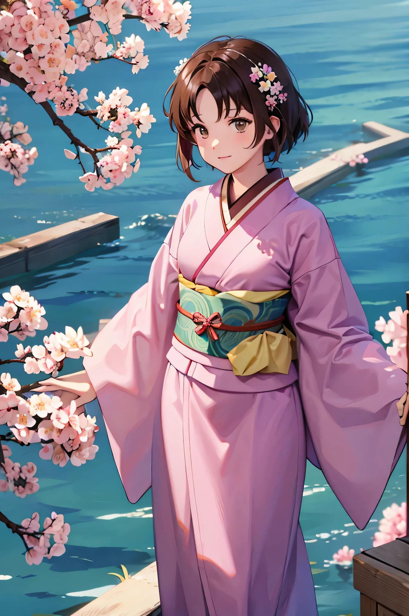 One Girl、solo、、Facing the viewer head-on、The whole body is shown、The background is an old Japanese townscape.、Edo Period、Cherry blossom trees、Wearing a light pink kimono、kimono、Brown Hair、brown hair、brown eye、Cute Girls、anime、((Masterpiece))、(Delicate)、(Detailed)
