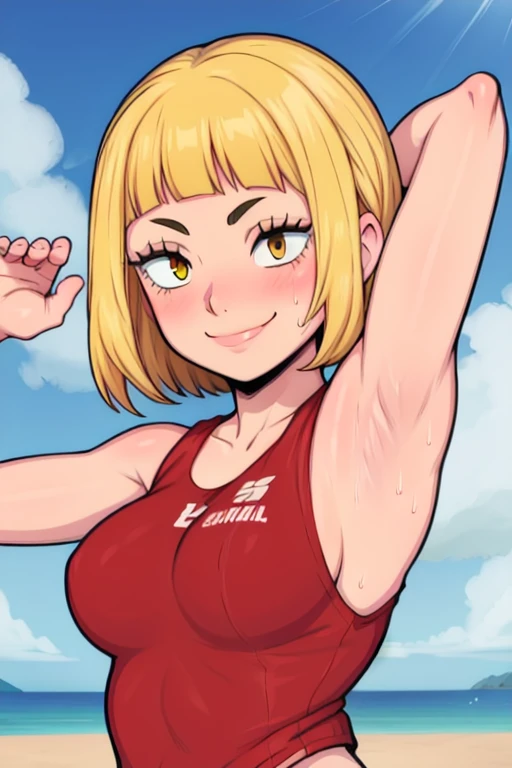 masterpiece, best quality, saeko tanaka, looking at viewer, yellow hair, yellow eyes color, very large breasts, upper body, portrait, seductive smile,both hands raised, armpits, armpits visible, sweaty armpits, wearing beach volleyball uniform, backround on beach