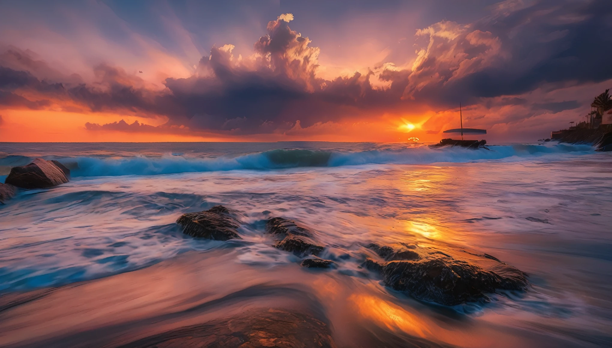 arafed view of a sunset over the ocean with waves crashing, chaotic sea setting, vibrant sunrise, breathtaking colors, breathtaking look, vibrant sunset, breathtaking composition, beautiful sea landscapes, stunning sunset, magnificent background, sunset glow, beautiful background, beautiful dreamy breathtaking, marc adamus, warm beautiful scene, epic sunset, beautiful sunset, beautiful sunset glow, beautiful ocean