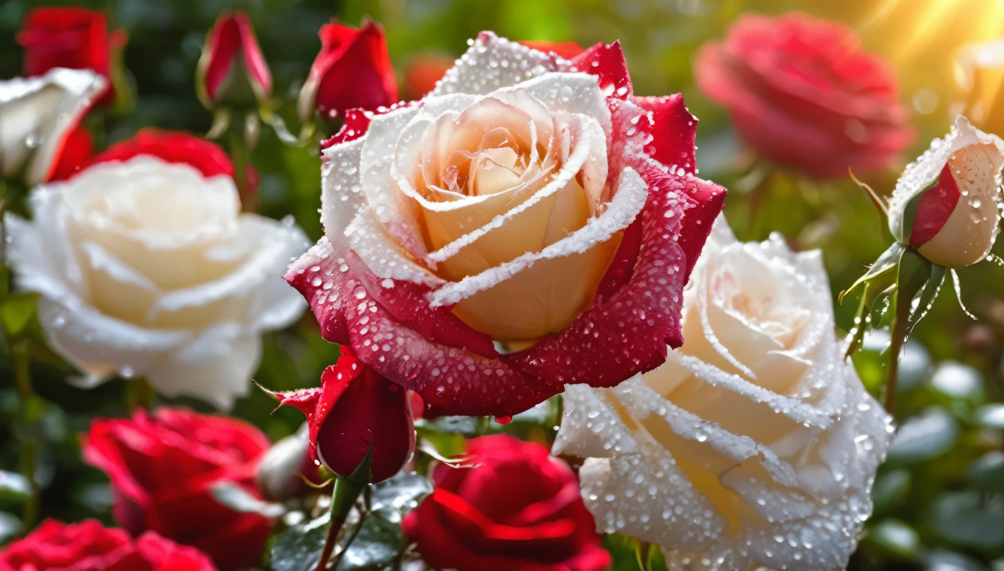 Many red and white color rose flowers in the garden and sunlight with bokeh, dew drops on flower petalasterpiece, ultra quality, high resolution, 8k, intricate: 1.2), (masterpiece), (best quality:1)