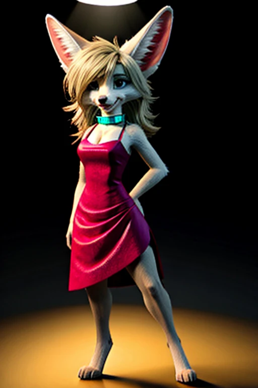 (white fur:1.2), short slim skinny adult female digitigrade fennec, medium breasts,  BREAK whiskers, black lips, black nose, BREAK bright and big vivid bright teal eyes, bedroom eyes, BREAK teal eyeshadow, BREAK long wavy platinum blonde hair, waist length hair, messy hair, BREAK [:(pink hair):15], BREAK teal collar, BREAK silver hoop ear rings, BREAK skimpy sheer light pink dress with spaghetti straps, (low cleavage:1.2), tight clothing, BREAK lacey black toeless thigh highs, BREAK standing on stage in the spotlight, raised tail, BREAK (by trigaroo:1.2), (by toots, by syn-6), by discreet user, [by dryadex, by syuro::12], [by v-tal:by himeragoldtail:18], (by toots, by syn-6), (whisperfoot:0.6), (by kenket:0.8), translucency