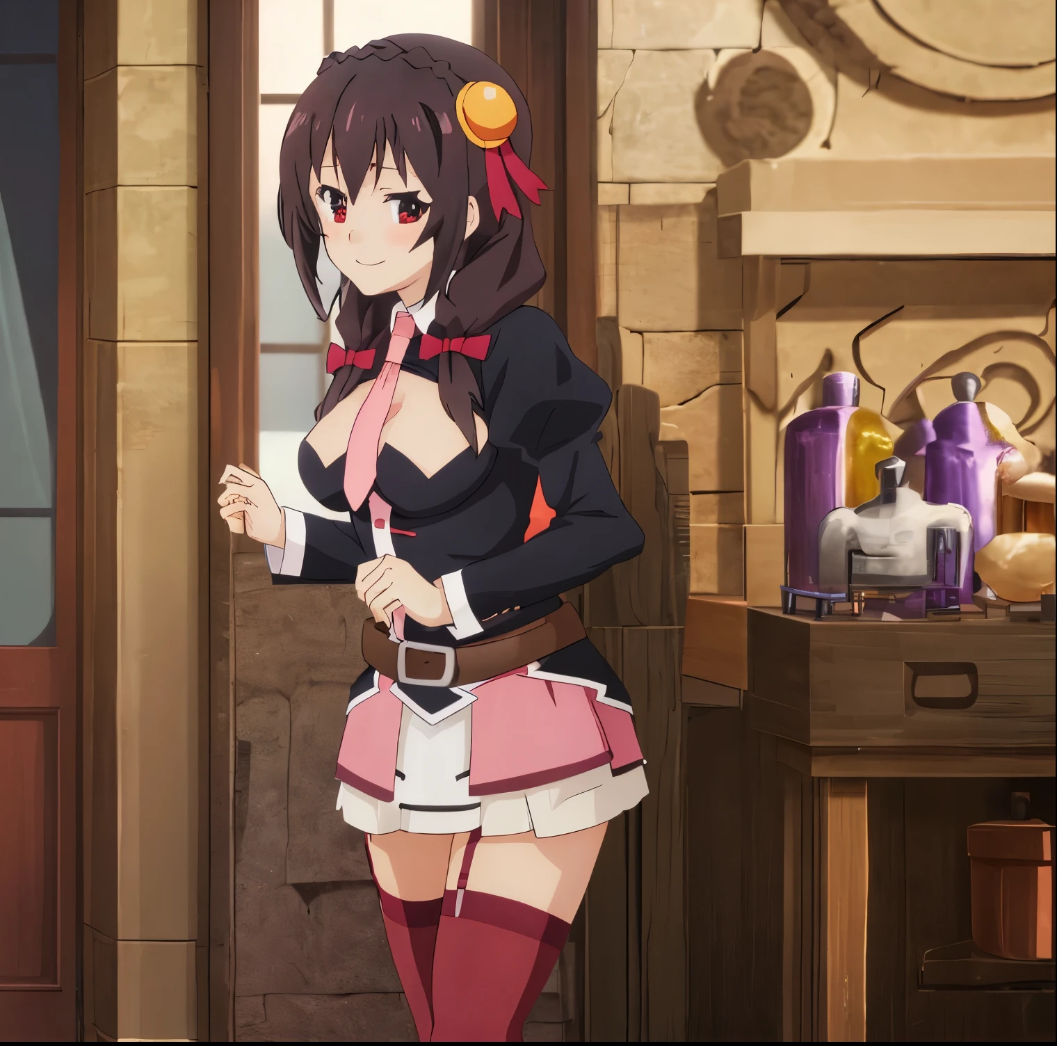 masterpiece, best quality, high resolution, yunyun1, 1 girl, red eyes, solo, thigh high, tie, skirt, braid, long hair, pink tie, big breasts, medium waist, wide hips, wide thighs, belt, ornament hair accessories, black hair, hair bow, braided crown, long sleeves, brown hair, twintails, cowboy shot,