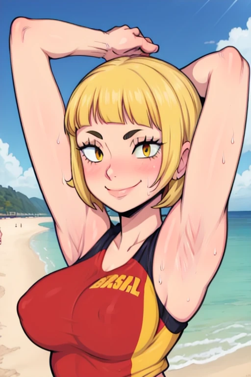 masterpiece, best quality, saeko tanaka, looking at viewer, yellow hair, yellow eyes color, very large breasts, upper body, portrait, seductive smile,put your hands behind your head, armpits, armpits visible, sweaty armpits, wearing beach volleyball uniform, backround on beach, two guys licking her armpits.
