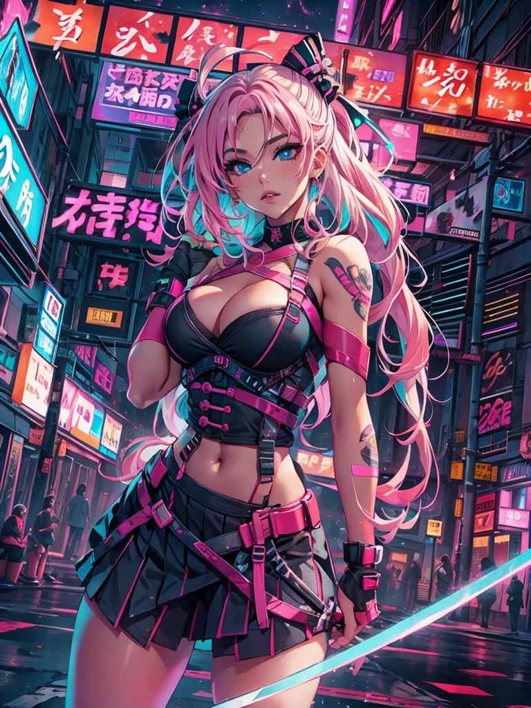 8k, ((Full Body Portrait)) ,masterpiece、Realistic:1.2, Realistic, Ultra-high resolution, highest quality, (Solo, 1girl), (Masterpiece, Detailed, 4k), perfect face, perfect lips, perfect makeup, dark eyeshadow, Unreal Engine 5, (Full Body Portrait), absurd resolution, high resolution, sharp image, vibrant colors, Synthwave colors, Vaporwave colors, ((sexy Female Ninja)) with blonde hair, two ponytails in hair, pleated skirt, neon lights, night sky, neon city, katana, shuriken, kunai leg straps, sexy, beautiful