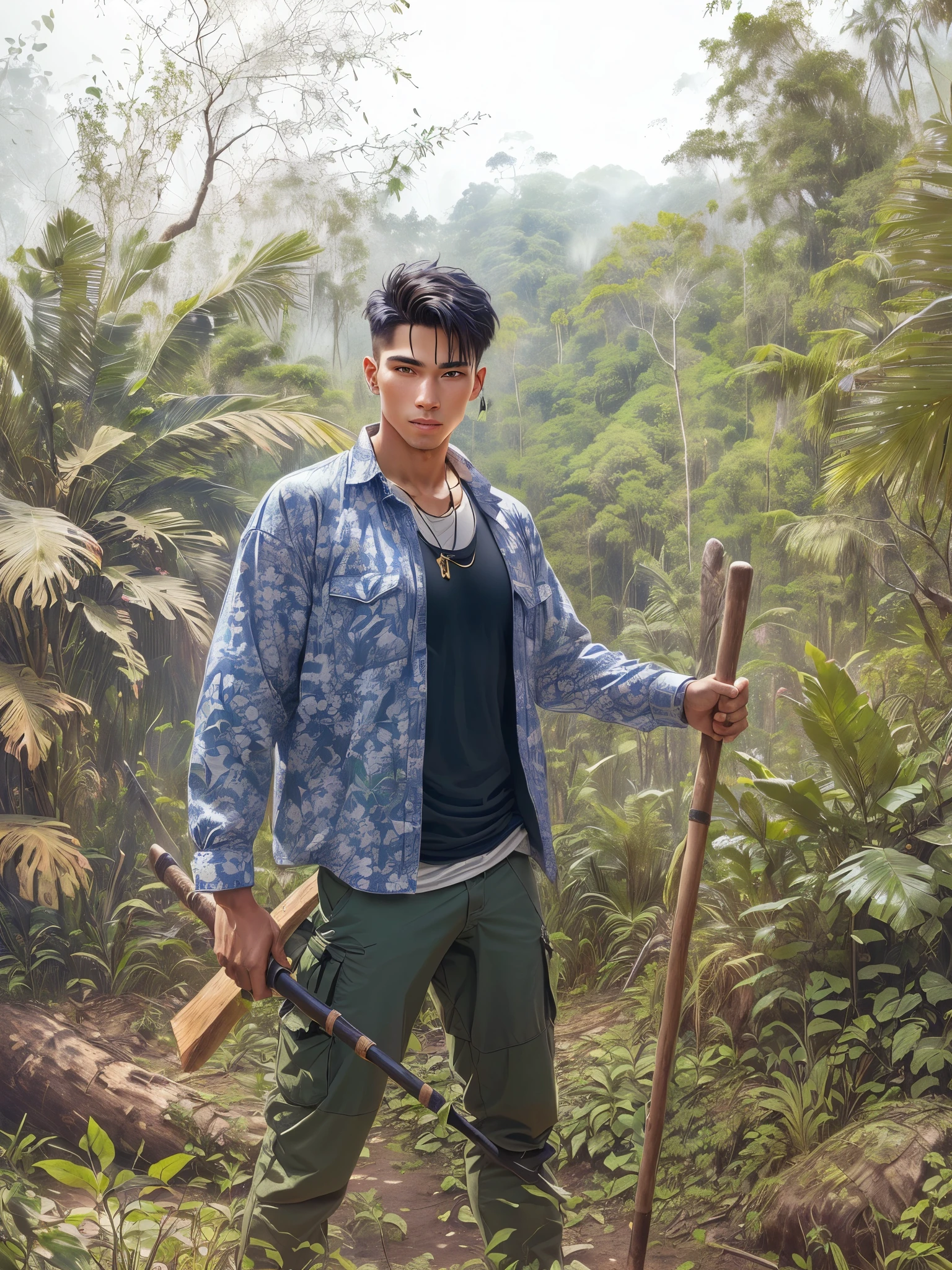 A man，Fitness，With an axe in his hand, In the jungle environment, In the jungle forest, In the jungle, In the jungle forest !!!, In the jungle, At the site of archaeological excavations, holding a gold! sugar cane!, in forest jungle, Young man on crutches, With an axe, hiking sugar cane, Inspired by Fernando Amorsolo, In nature