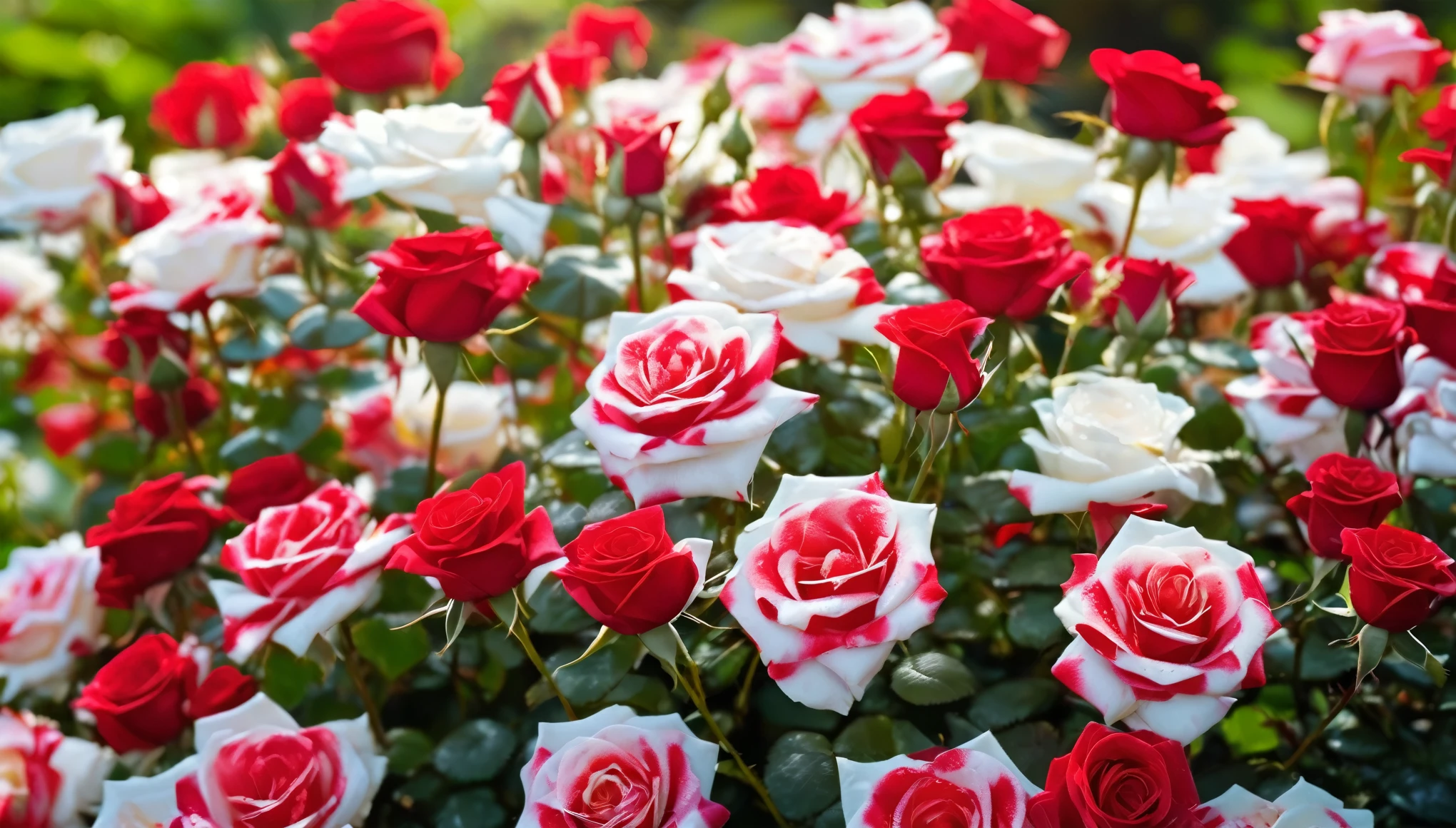 Many red and white color rose flowers in the garden and sunlight with bokeh, dew drops on flower petalasterpiece, ultra quality, high resolution, 8k, intricate: 1.2), (masterpiece), (best quality:1)