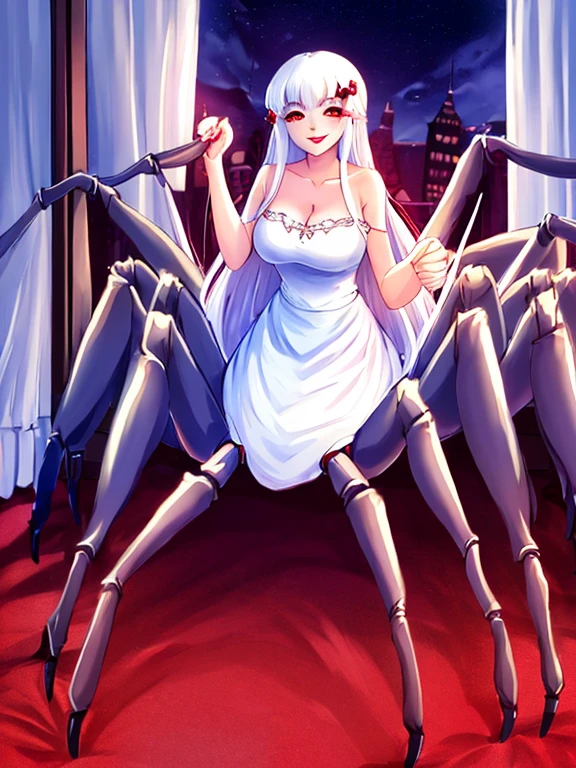 1girl, arachne spider, spider, suction cups, fused, full body, large , red eyes, white hair, long hair, evening gown red lips, smile, blush, happy face, bedroom,