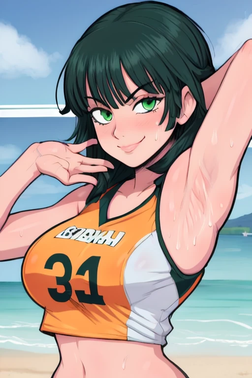 masterpiece, best quality, fubuki, looking at viewer, green hair, green eyes color, very large breasts, upper body, portrait, seductive smile,both hands raised, armpits, armpits visible, sweaty armpits, wearing beach volleyball uniform, backround on beach