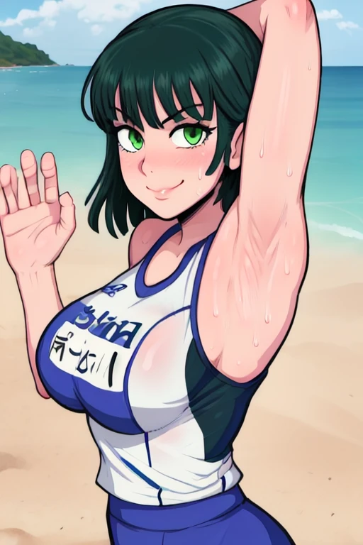 masterpiece, best quality, fubuki, looking at viewer, green hair, green eyes color, very large breasts, upper body, portrait, seductive smile,both hands raised, armpits, armpits visible, sweaty armpits, wearing beach volleyball uniform, backround on beach