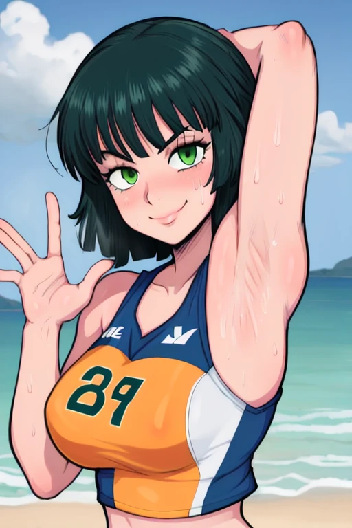 masterpiece, best quality, fubuki, looking at viewer, green hair, green eyes color, very large breasts, upper body, portrait, seductive smile,both hands raised, armpits, armpits visible, sweaty armpits, wearing beach volleyball uniform, backround on beach