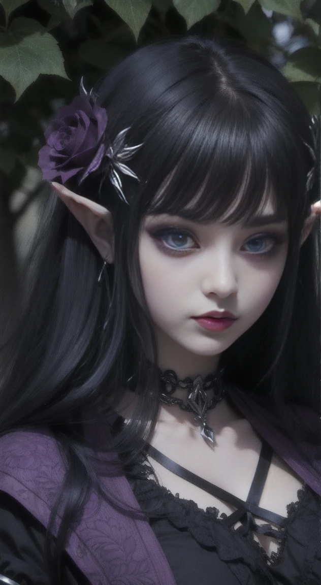 Black hair, violet eyes, Goth Princess Zelda, blood rose garden,