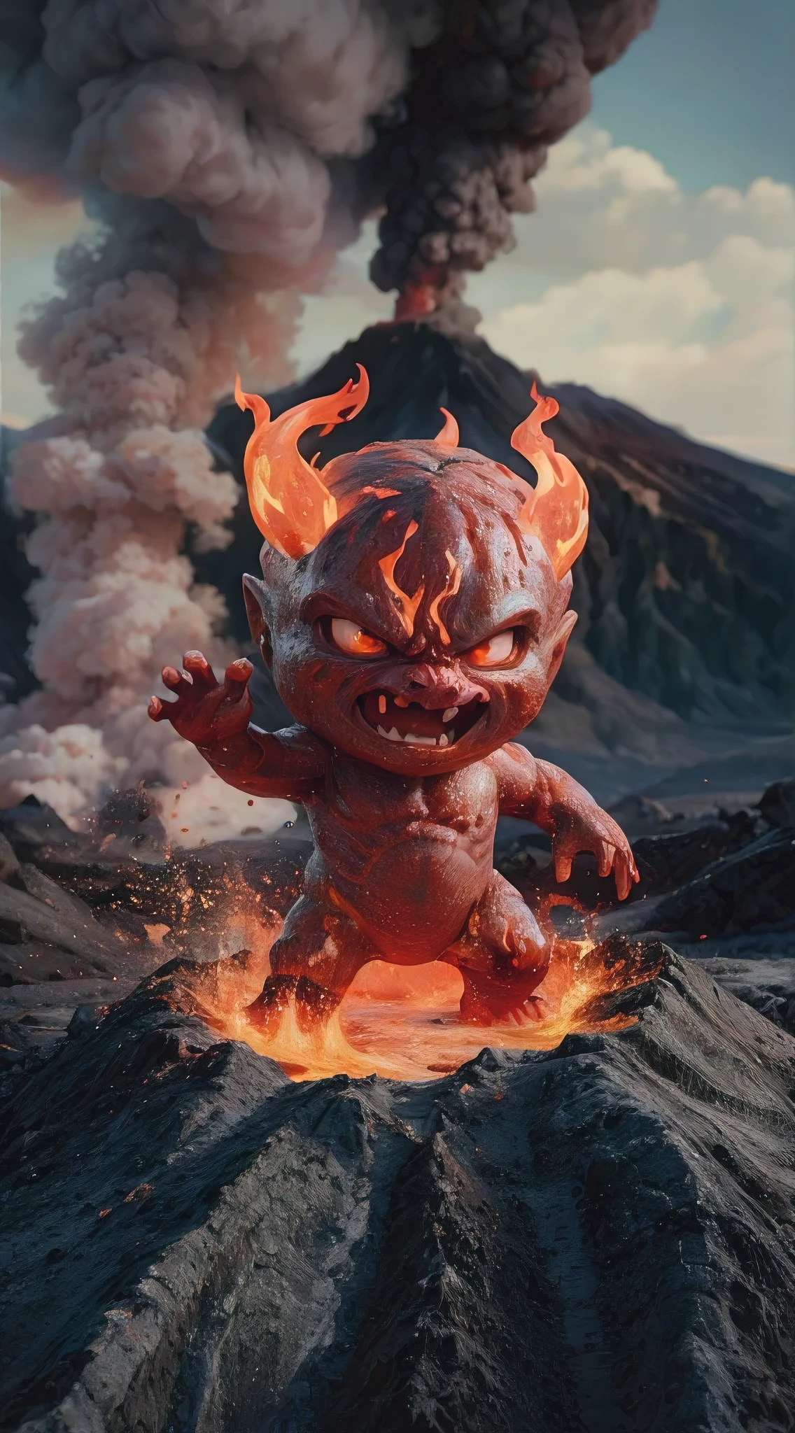 A mesmerizing clay animation scene featuring a powerful Chibi Lava Demon emerging from the depths of the earth. The demon, a small but fearsome creature, is adorned with flames and lava patterns, exuding an untold horror. The background reveals a volcanic landscape with craggy mountains and thick smoke billowing from the earth. The 3D render provides a realistic texture and lighting, showcasing the talent of the top artists who created this captivating masterpiece., 3d render