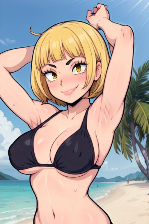 masterpiece, best quality, saeko tanaka, looking at viewer, yellow hair, yellow eyes color, very large breasts, upper body, portrait, seductive smile,both hands raised, armpits, armpits visible, sweaty armpits, wearing sexy bikini, backround on beach