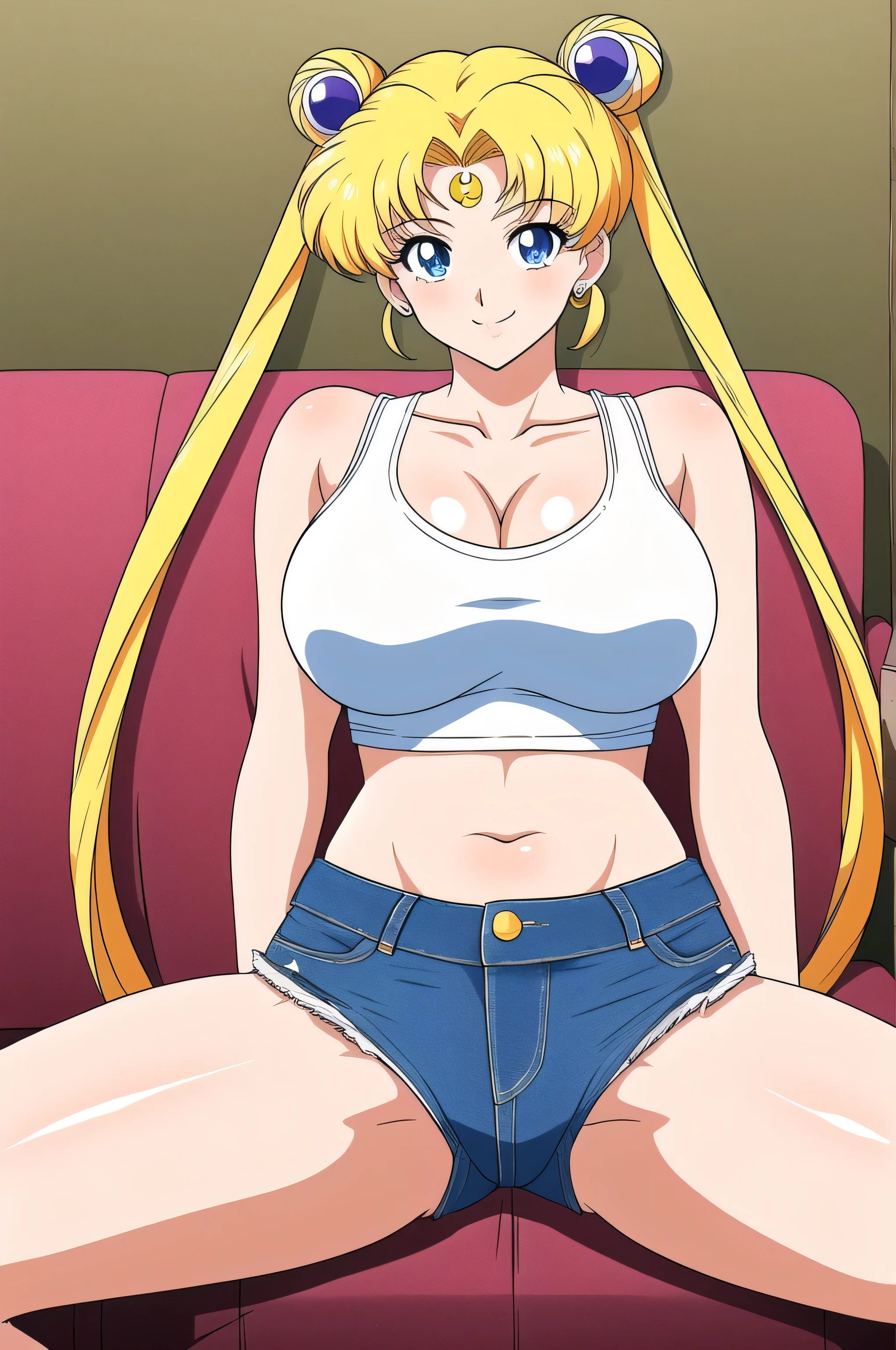 (masterpiece, highest quality, 16ｋAnime image quality, High resolution, Anime Style, Clean brush strokes, Very detailed, Perfect Anatomy, Browsing Caution), 1 girl, alone,((smusagitsukino)), Detailed face, Fine grain, Blonde, blue eyes, short hair, Bun Hair、Twin tails, Parted bangs, hair ornaments, smile, Cowboy Shot,Large Breasts:1.5,Tank top、Short length), smooth beautiful belly: 1.2, Wide hips:1.6, Big Ass:1.5, (Shorts:1.5, 股Short length、Jeans), (sit, Spread your legs),Looking at the audience,Bedroom Background, sofa, alone, 